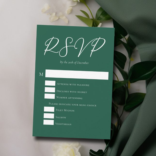 Cartons Réponse Mariage vert Emerald avec choix de repas (Créateur téléchargé)