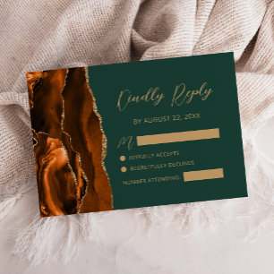 Cartons Réponse Mariage Vert Foncé Écriture Dorée Agate Orange Brû