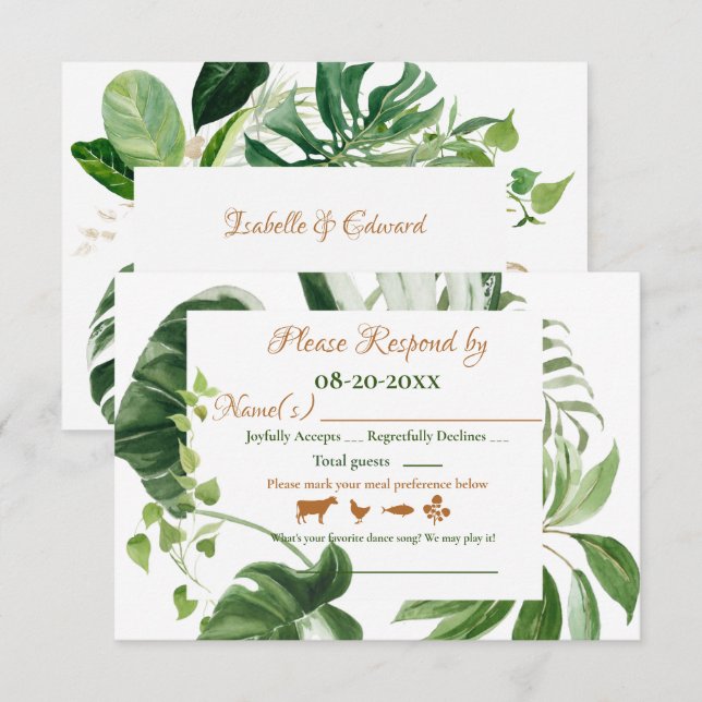 Cartons Réponse Mariage Vert Monstera Feuilles Cadre Aquarelle (Devant / Derrière)