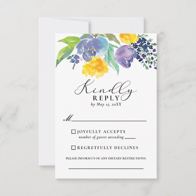 Cartons Réponse Mariage Vertical Floral Jaune et Bleu Marine (Devant)