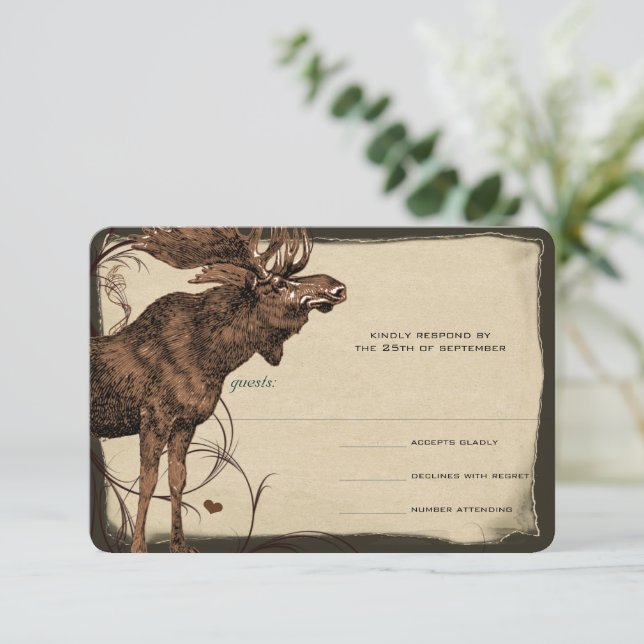 Cartons Réponse Mariage vintage Moose Forest Lodge Ranch Wedding R (Debout devant)