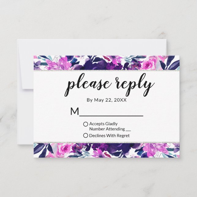 Cartons Réponse Mariage Violet Floral Enchanté Veuillez Répondre (Devant)