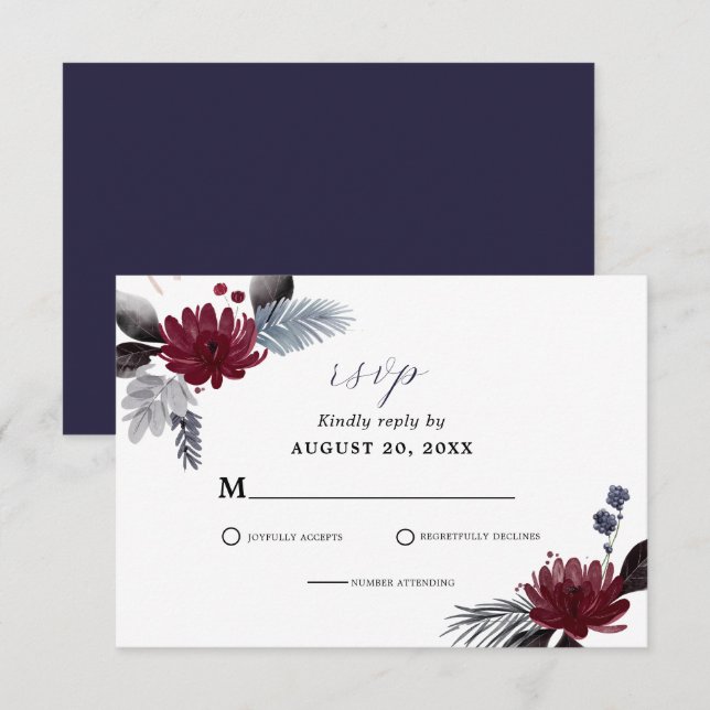 Cartons Réponse Marine Bleu Bourgogne Rouge Gothique Floral Mariag (Devant / Derrière)