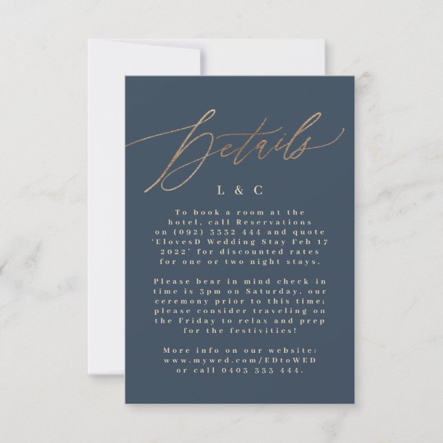 Cartons Réponse Marine Blue Détails Hébergement Mariage or (Devant)