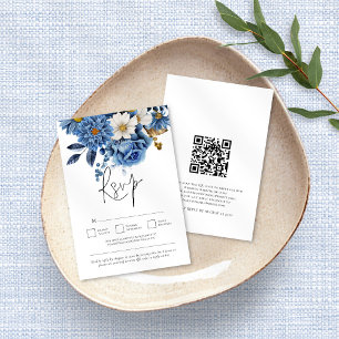 Cartons Réponse Marine Blue Gold Florals QR Code Mariage