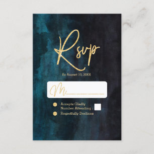 Cartons Réponse Marine Blue & Turquoise Watercolor & Gold Wedding 
