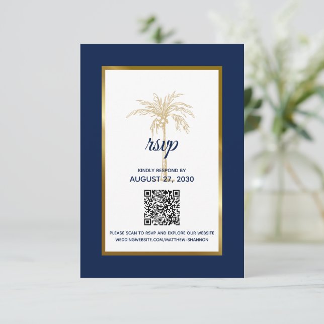 Cartons Réponse Marine moderne Blue Gold Palm Tree Mariage moderne (Debout devant)