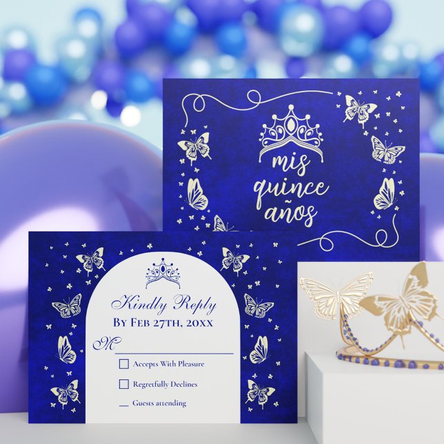 Cartons Réponse Marine moderne Blue Gold Tiara Butterfly Quinceañe (Modern Navy Blue Gold Tiara Butterfly Quinceañera RSVP Card)