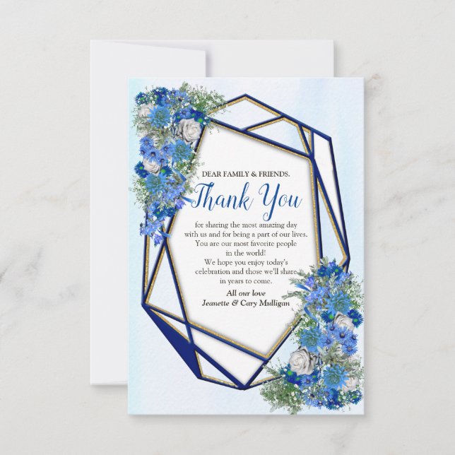 Cartons Réponse Marine or géométrique et Merci de fleurs bleues (Devant)