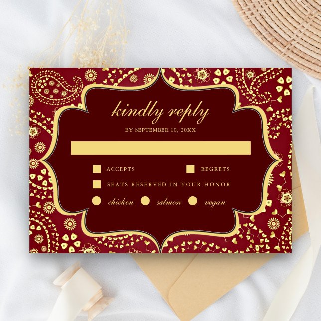 Cartons Réponse Maroon Gold Paisley Bollywood Style Mariage indien (Créateur téléchargé)