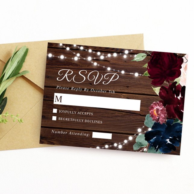 Cartons Réponse Marsala & Fleurs de marine Mariage rustique en boi (Créateur téléchargé)