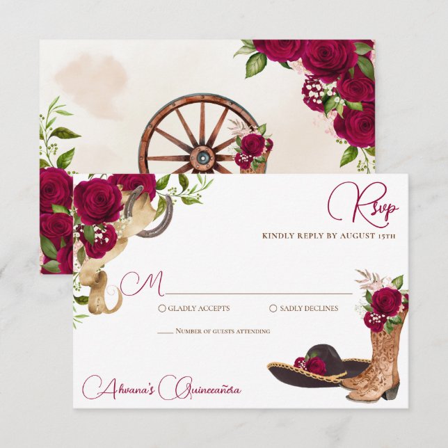 Cartons Réponse Merlot Charro de Bourgogne Quinceanera (Devant / Derrière)