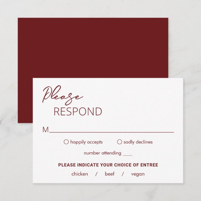 Cartons Réponse Minimal Bourgogne Mariage moderne (Devant / Derrière)
