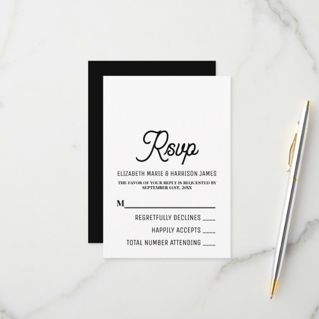 Cartons Réponse Minimaliste - noir et blanc - Mariage (Devant/Arrière en situation)