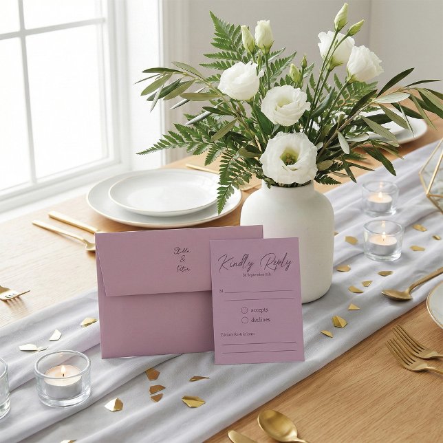 Cartons Réponse Modern Dusty Rose Script Kindly Reply Wedding (Créateur téléchargé)