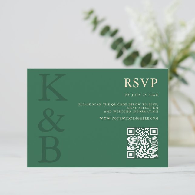 Cartons Réponse Modern Green Monogram Minimalist Wedding (Debout devant)
