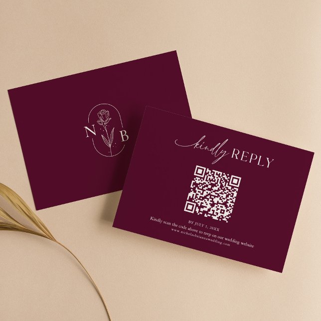 Cartons Réponse Modern Minimal Burgundy Boho Wedding QR Code (Créateur téléchargé)