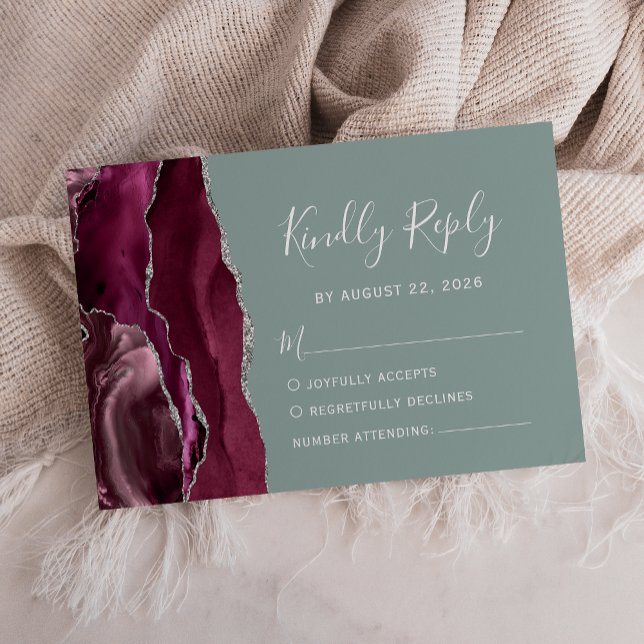 Cartons Réponse Moderne Bourgogne Argent Agate Sage Vert Mariage (Créateur téléchargé)