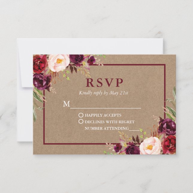 Cartons Réponse Moderne Elégant Bourgogne Floral Mariage Kraft (Devant)