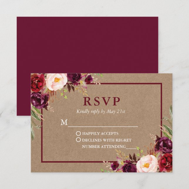 Cartons Réponse Moderne Elégant Bourgogne Floral Mariage Kraft (Devant / Derrière)