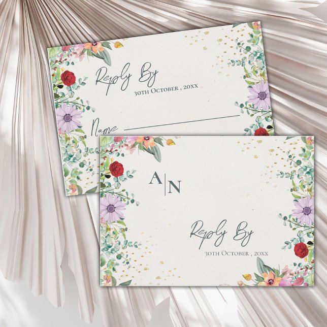 Cartons Réponse Monogramme Chic Fleur sauvage d'aquarelle Mariage  (Monogram Chic Watercolor Wildflower Floral Wedding RSVP Card)