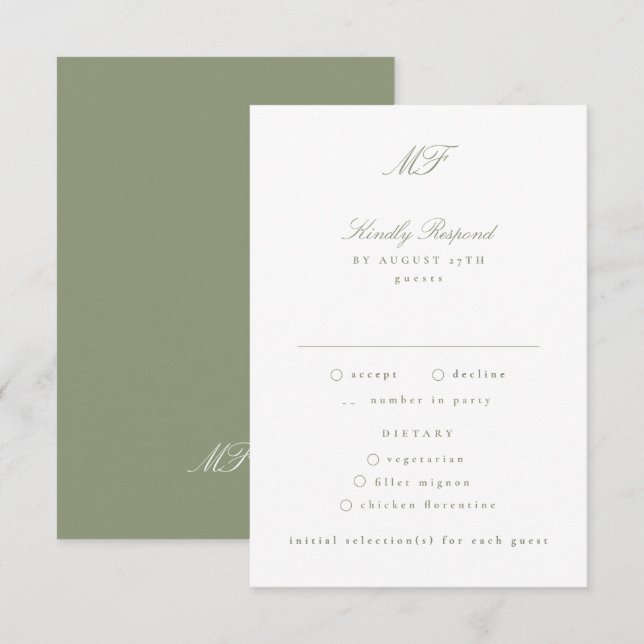 Cartons Réponse Monogramme classique Mariage vert (Devant / Derrière)