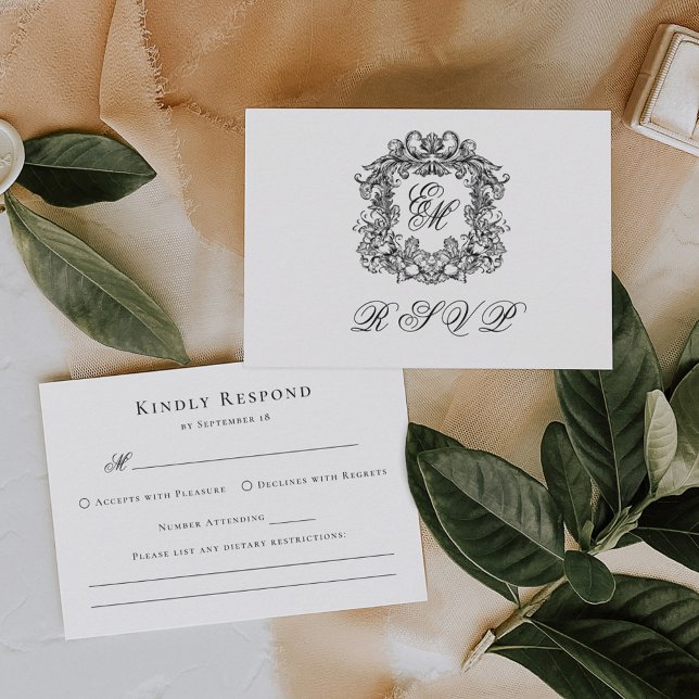 Cartons Réponse Monogramme Crest Élégant Mariage Options alimentai (Créateur téléchargé)