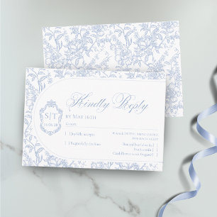 Cartons Réponse Monogramme de blason bleu et blanc à motif floral 