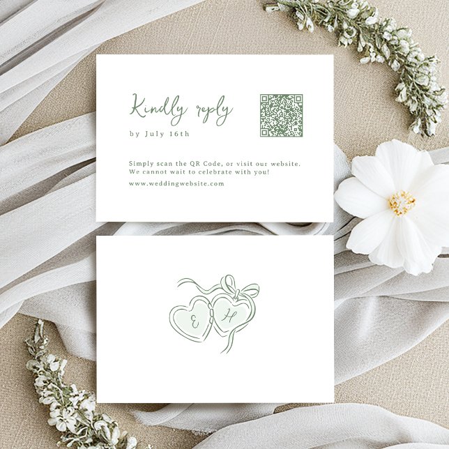 Cartons Réponse Monogramme dessiné à la main avec code QR de maria (Sage Hand Drawn Monogram Whimsical Wedding QR code RSVP Card)