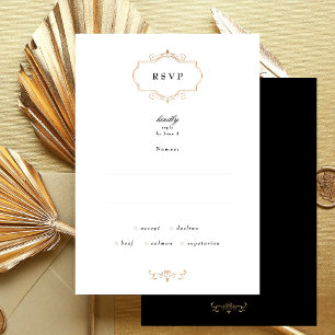 Cartons Réponse monogramme d'or classique noir blanc mariage