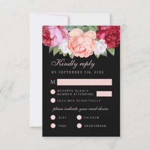 Cartons Réponse Monogramme Élégant Floral Rose Black Meal Choice