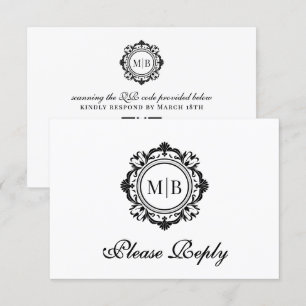 Cartons Réponse Monogramme floral orange Mariage noir blanc