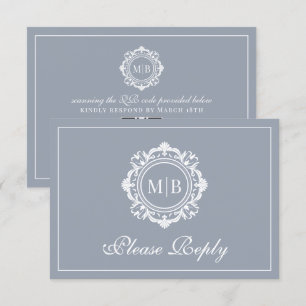 Cartons Réponse Monogramme floral orné Mariage argent