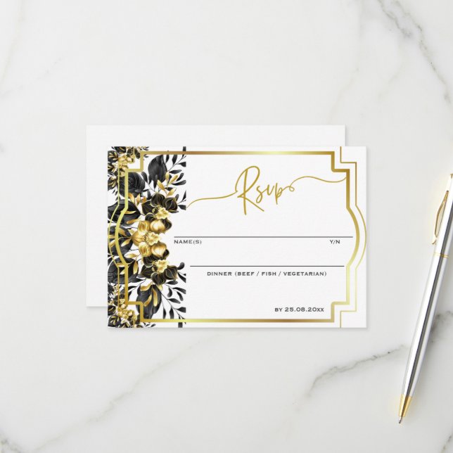 Cartons Réponse Monogramme géométrique Floral d'or noir Mariage ar (Devant/Arrière en situation)