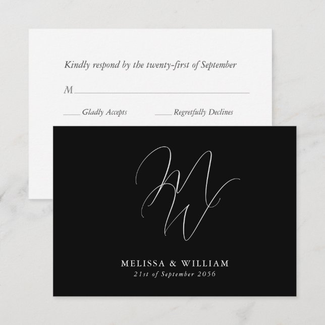Cartons Réponse Monogramme moderne Elégant Mariage noir & blanc (Devant / Derrière)