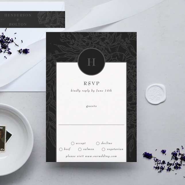 Cartons Réponse Monogramme noir élégant brillant couronne florale (RSVP showcasing suite - additional items (bought separately))