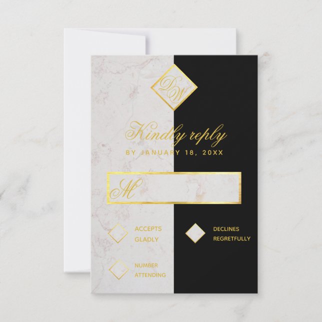 Cartons Réponse Monogramme Noir Marbre Blanc Or Mariage élégant (Devant)