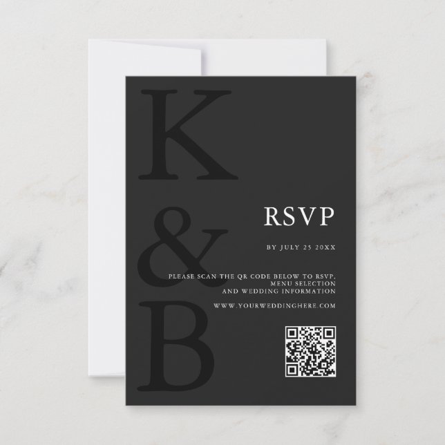 Cartons Réponse Monogramme noir mat moderne Mariage minimaliste (Devant)