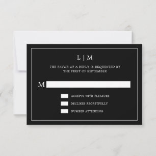Cartons Réponse Monogramme noir simple Mariage élégant
