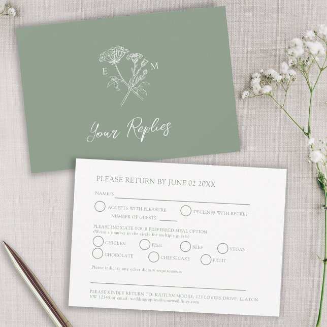 Cartons Réponse Monogramme vert fleur sauvage option mariage (Créateur téléchargé)
