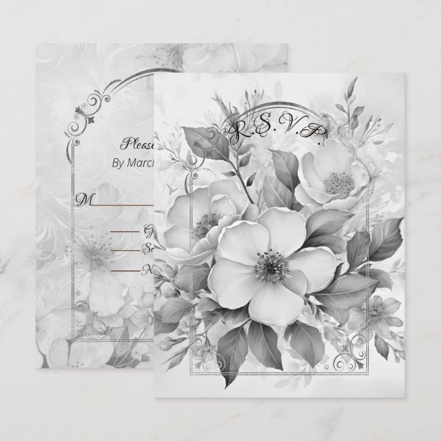 Cartons Réponse Monotone noir et blanc Roses blanches Gold Frame (Devant / Derrière)