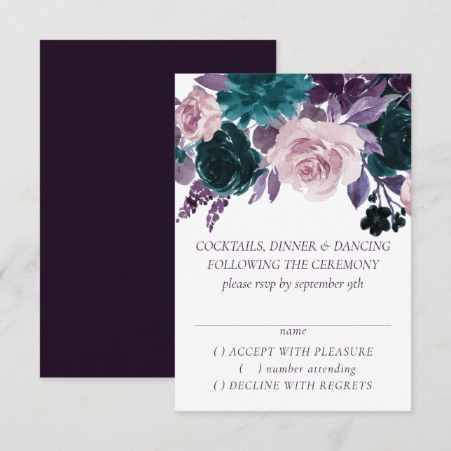 Cartons Réponse Moody Boho | Eggplant Purple Mariage floral foncé (Devant / Derrière)