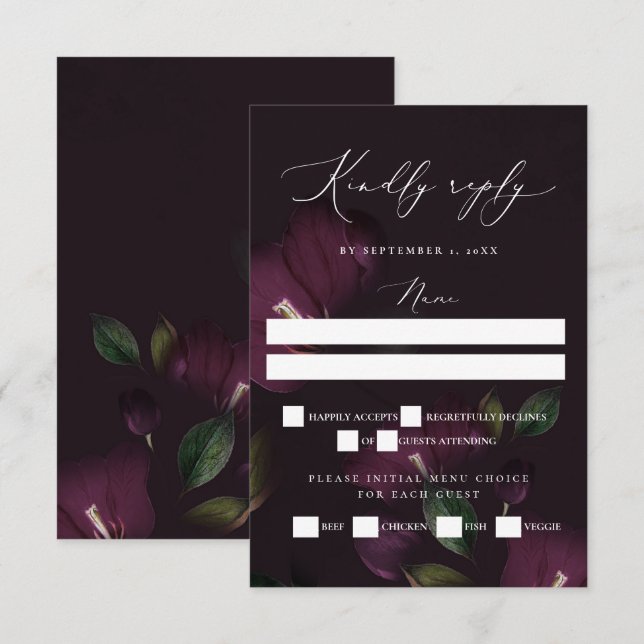 Cartons Réponse Moody Purple Blooms Mariage gothique (Devant / Derrière)