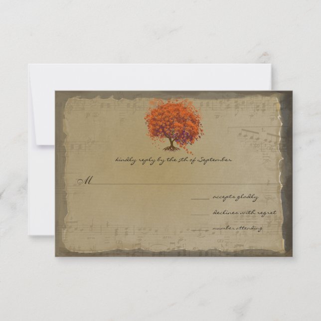 Cartons Réponse Musical Gold Orange Plum Heart Leaf Mariages (Devant)