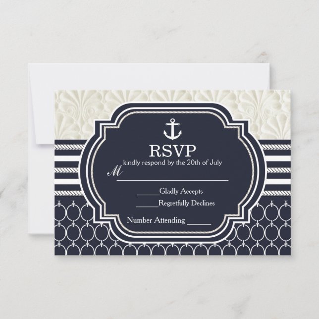 Cartons Réponse Nautique Marine & White Elegant Beach Mariage (Devant)
