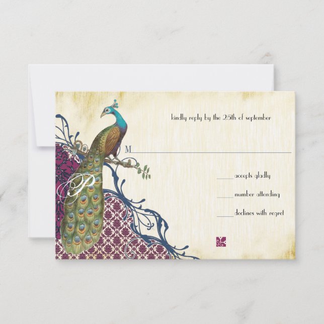 Cartons Réponse Navy & Berry Berry Elegant Damask Peacock Mariage (Devant)