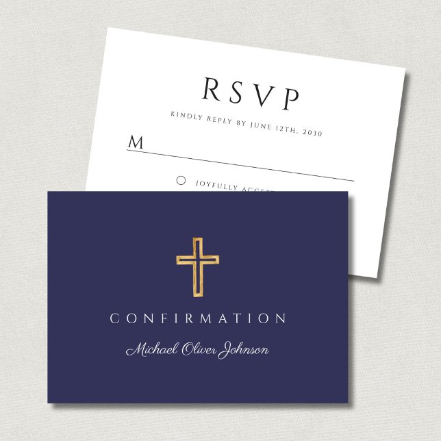 Cartons Réponse Navy Blue Boy Religious Cross Confirmation (Navy Blue Boy Religious Cross Confirmation RSVP Card)