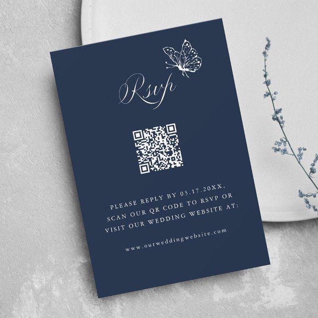 Cartons Réponse Navy Blue Elegant Calligraphy Wedding QR Code (Créateur téléchargé)