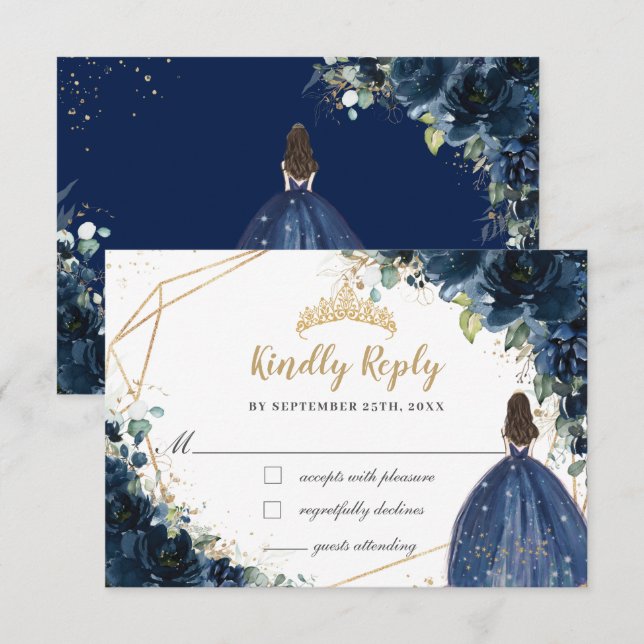 Cartons Réponse Navy Blue Floral Gold Princess Quinceañera Répondr (Devant / Derrière)