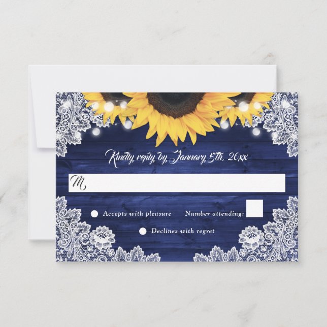 Cartons Réponse Navy Blue Rustic Wood Lace Sunflower Wedding (Devant)